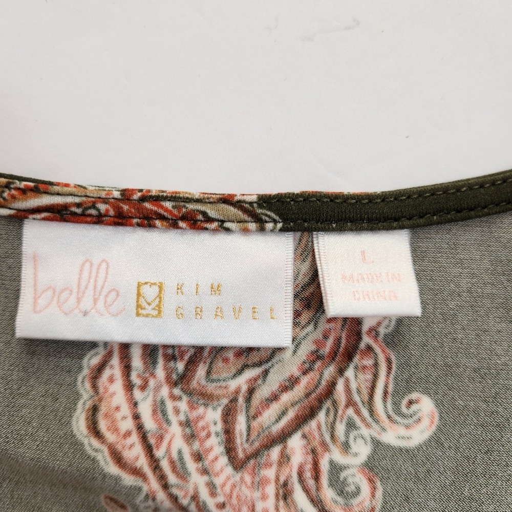 Belle Kim Gravel Women's Olive Green Paisley Print Long Sleeve V Neck Top Size L - Picture 6 of 9